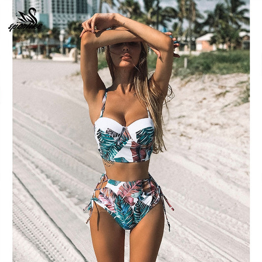 High Waist Swimwear 2019 New Leaf Print Bikinis Women Swimsuit Vintage Retro Bathing Suit Halter Biquini Maillot de bain femme - EVERTHINGZ