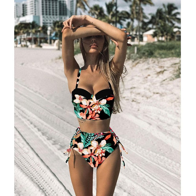 High Waist Swimwear 2019 New Leaf Print Bikinis Women Swimsuit Vintage Retro Bathing Suit Halter Biquini Maillot de bain femme - EVERTHINGZ