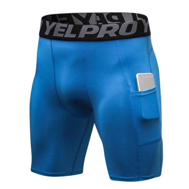 Men's professional gym fitness shorts with pockets sports running training wicking quick-drying elastic tight shorts