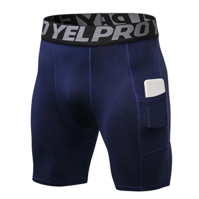 Men's professional gym fitness shorts with pockets sports running training wicking quick-drying elastic tight shorts