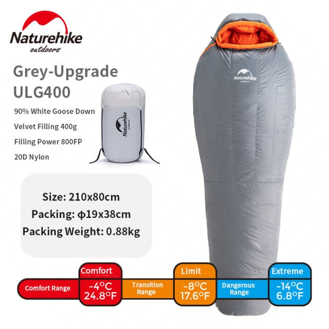 Upgrade ULG Winter Goose Down Mummy Sleeping Bag 20D Nylon Waterproof Warm 800FP Portable Travel Camping Sleeping Bag