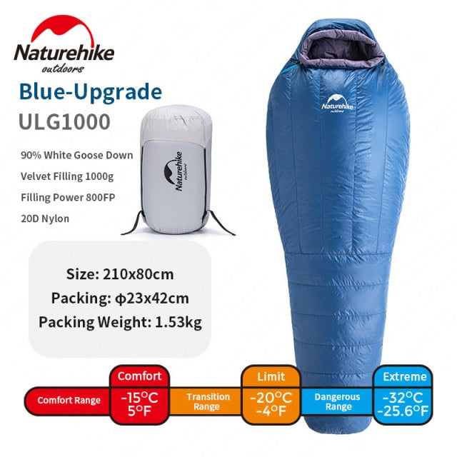 Upgrade ULG Winter Goose Down Mummy Sleeping Bag 20D Nylon Waterproof Warm 800FP Portable Travel Camping Sleeping Bag