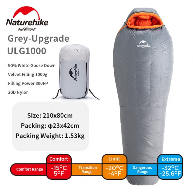 Upgrade ULG Winter Goose Down Mummy Sleeping Bag 20D Nylon Waterproof Warm 800FP Portable Travel Camping Sleeping Bag