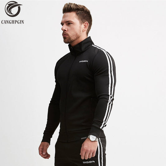 Brand Running Jacket Men Sports Fitness Long Sleeves Hooded Sweatshirts Striped Zipper Hoodies Men Gym Training Run Coat Jackets - EVERTHINGZ