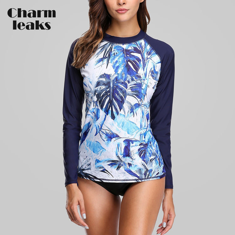 Charmleaks Women Long Sleeve Rashguard Swimwear Retro Floral Print Swimsuit Rash Guard UPF50+ Surfing Top Running Shirts - EVERTHINGZ