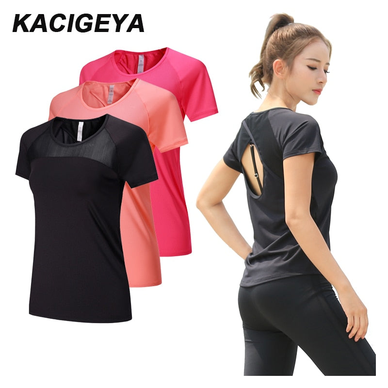 Yoga Mesh Shirts Quick dry Fitness Sports Gym Clothes Female Running Short Sleeve Sexy Hollow Back Female Sport T Shirt Running - EVERTHINGZ