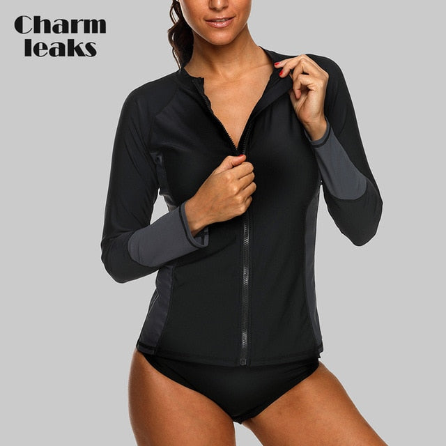 Charmleaks Women Long Sleeve Zipper Rashguard Shirt Swimsuit Swimwear Surfing Top Rash Guard UPF50+ Running Shirt Biking Shirt - EVERTHINGZ