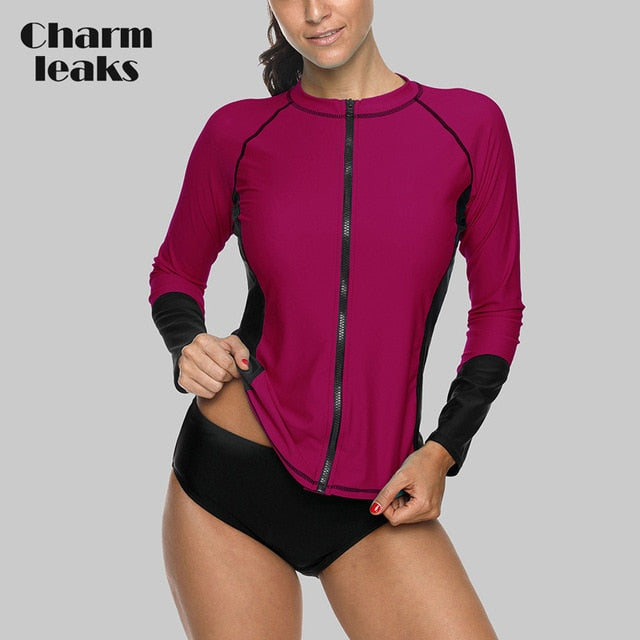 Charmleaks Women Long Sleeve Zipper Rashguard Shirt Swimsuit Swimwear Surfing Top Rash Guard UPF50+ Running Shirt Biking Shirt - EVERTHINGZ