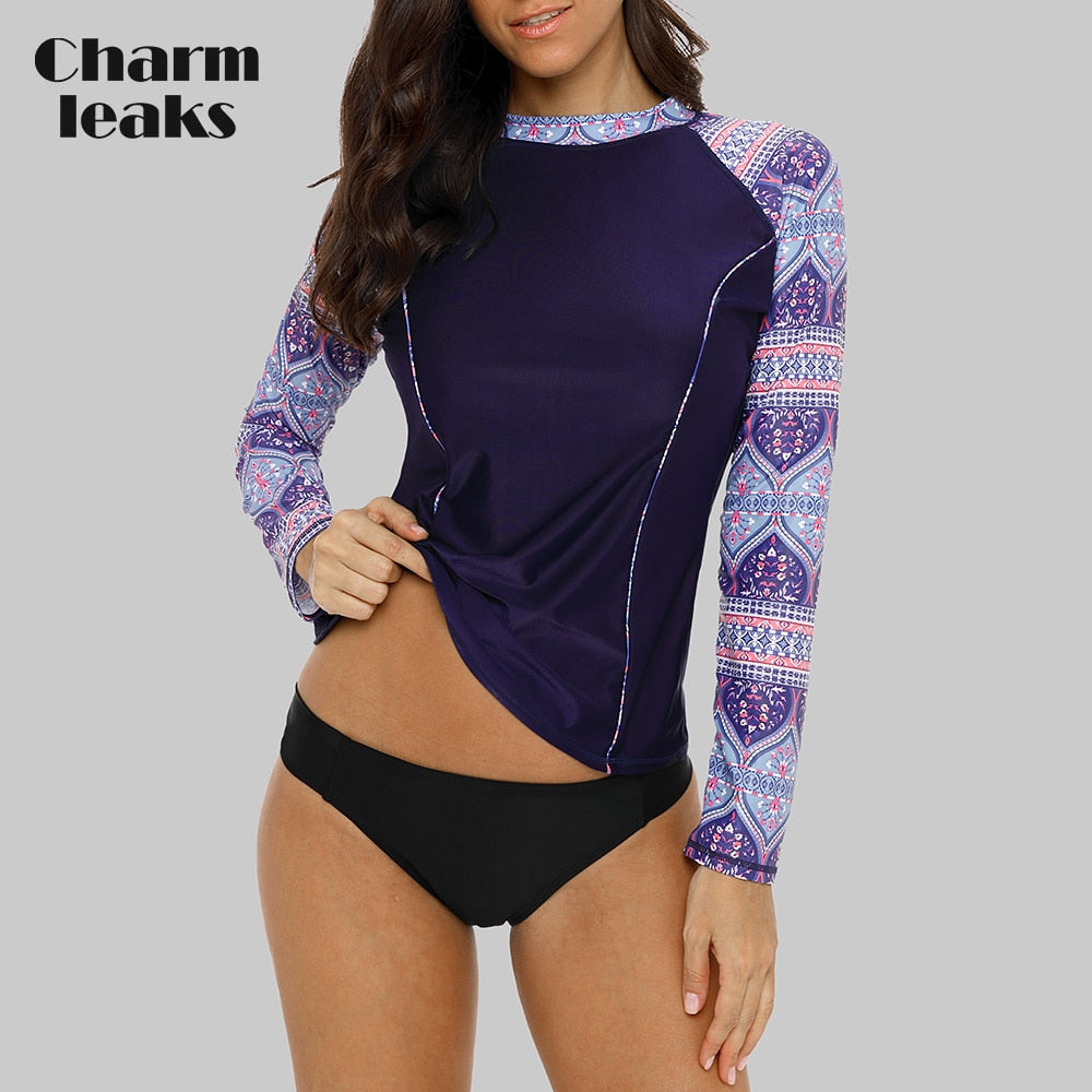 Charmleaks Women Long Sleeve Rashguard Floral Print Swimwear Surf Top Running Shirts Rash Guard UPF50+ Beach Wear - EVERTHINGZ