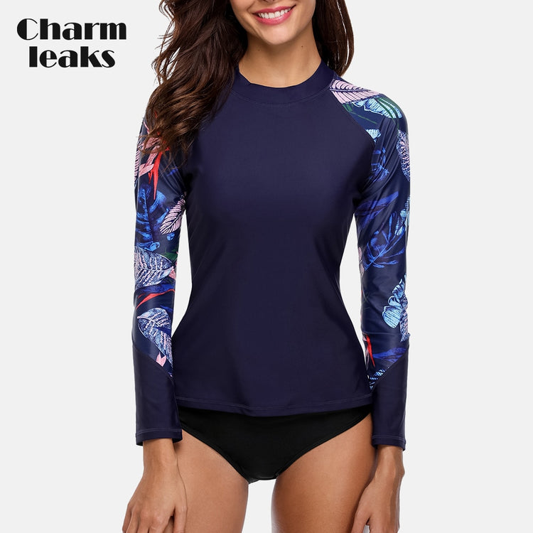 Charmleaks Women Long Sleeve Rashguard Retro Floral Print Swimsuit Shirts Swimwear Rash Guard UPF50+ Running Shirt Biking Shirts - EVERTHINGZ